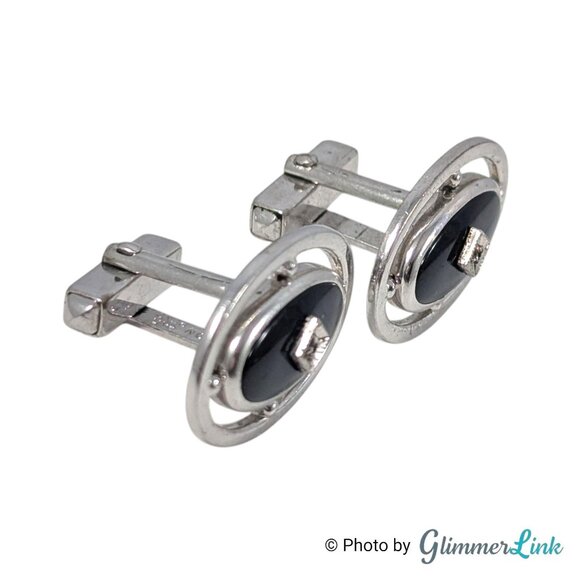 Anson Silver Tone Black Oval Cufflinks & Tie Bar Set with Diamond Accent, 1970s - Picture 2 of 11